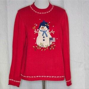 Christopher & Banks Red Snowman American Flag Pullover Knit Christmas Sweater